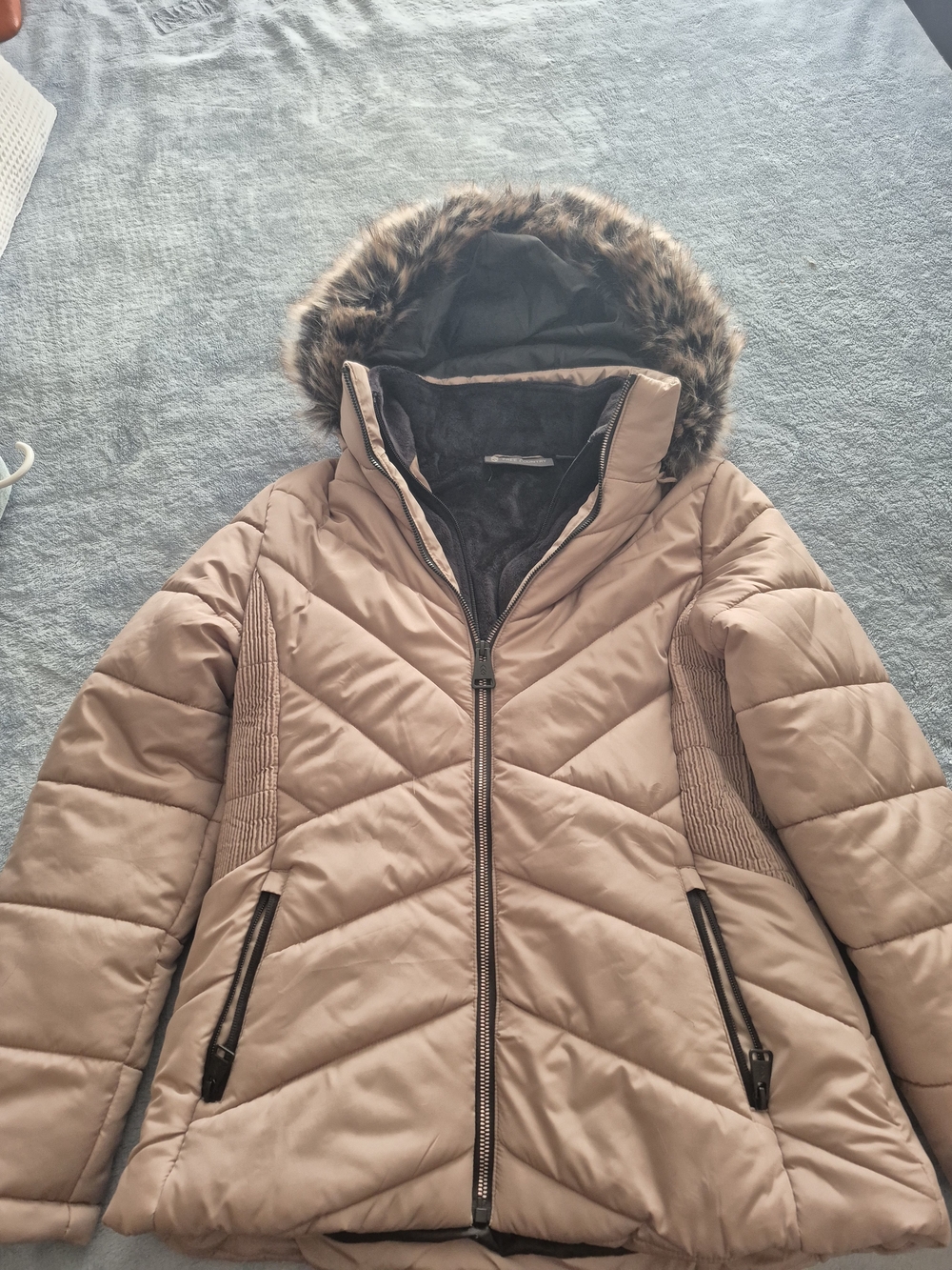Free Country Taupe Puffer Jacket with Detachable Faux-Fur Trim Hood